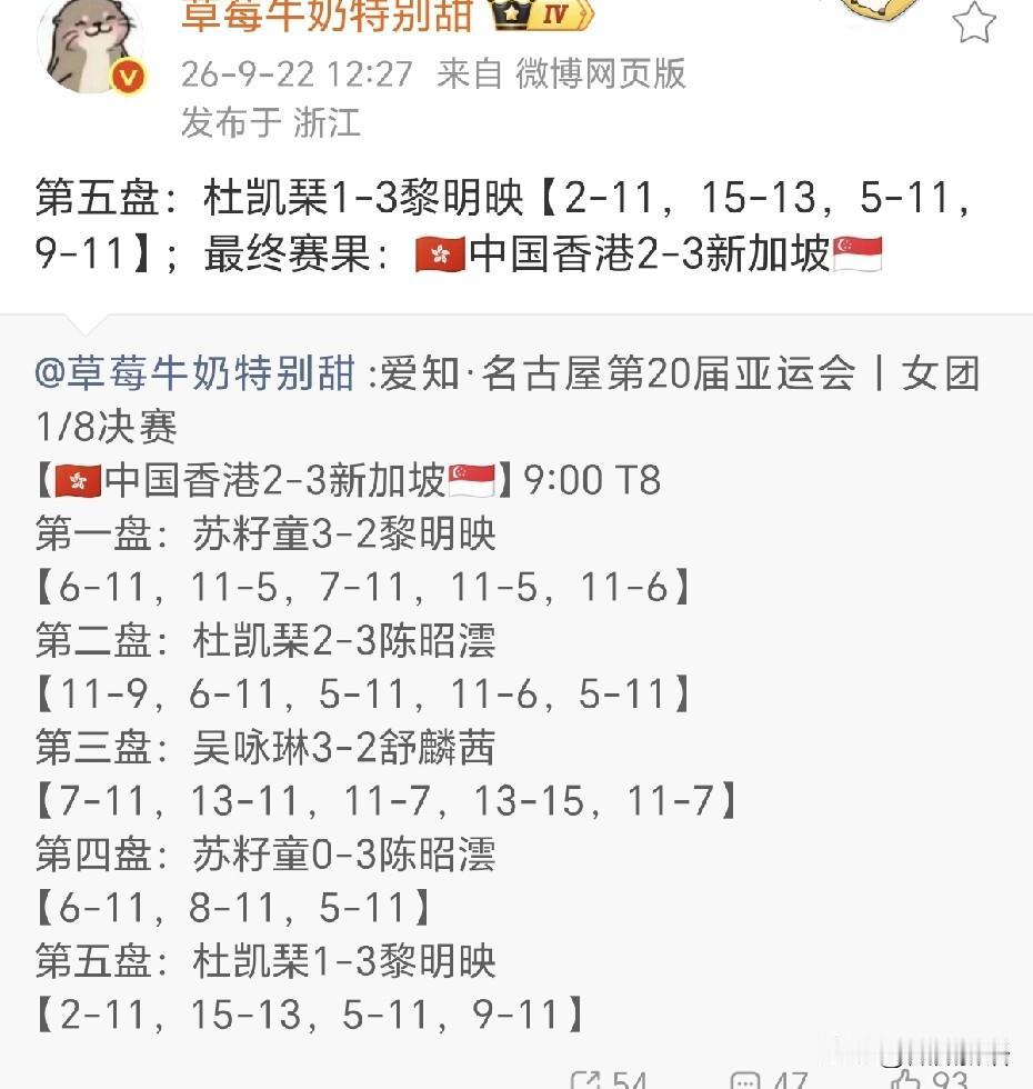 中国香港女队是真不会打削球啊。新加坡排阵排得好，削球手陈昭澐一单拿了两分立大功