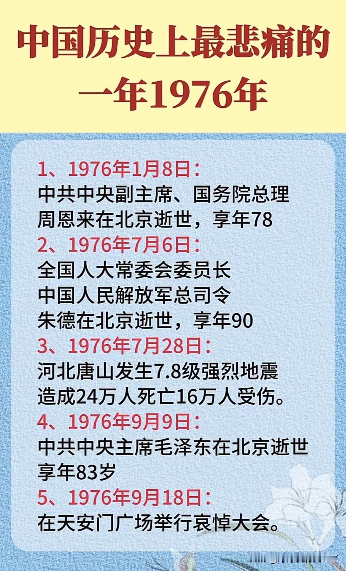 三大伟人相继而逝，地震又失去了20多万同胞，真是山河同悲。[祈祷][祈祷]