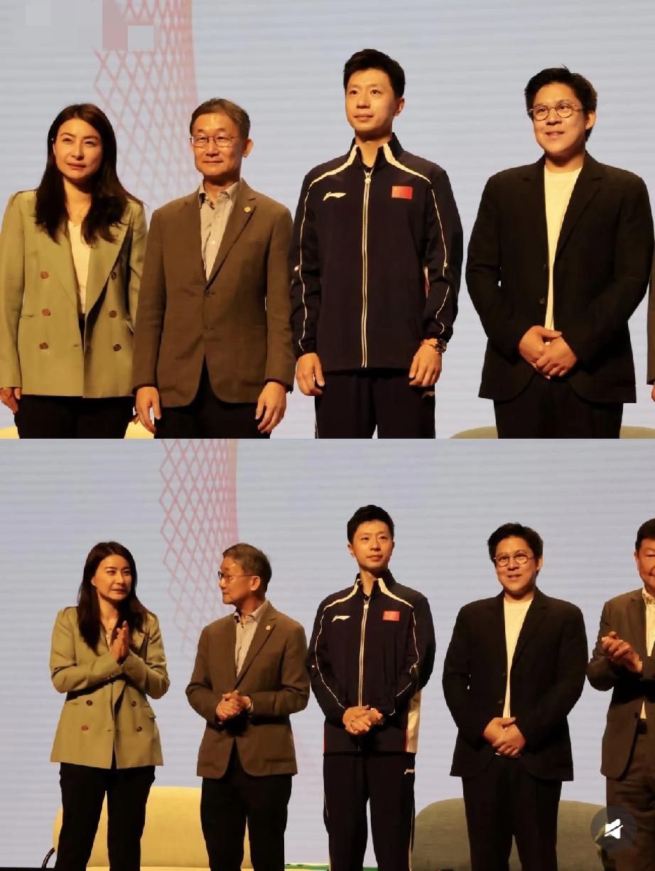 马龙来了，郭晶晶和霍启刚都得靠边站，台下郭晶晶和马龙紧挨着坐着，时不时热聊。