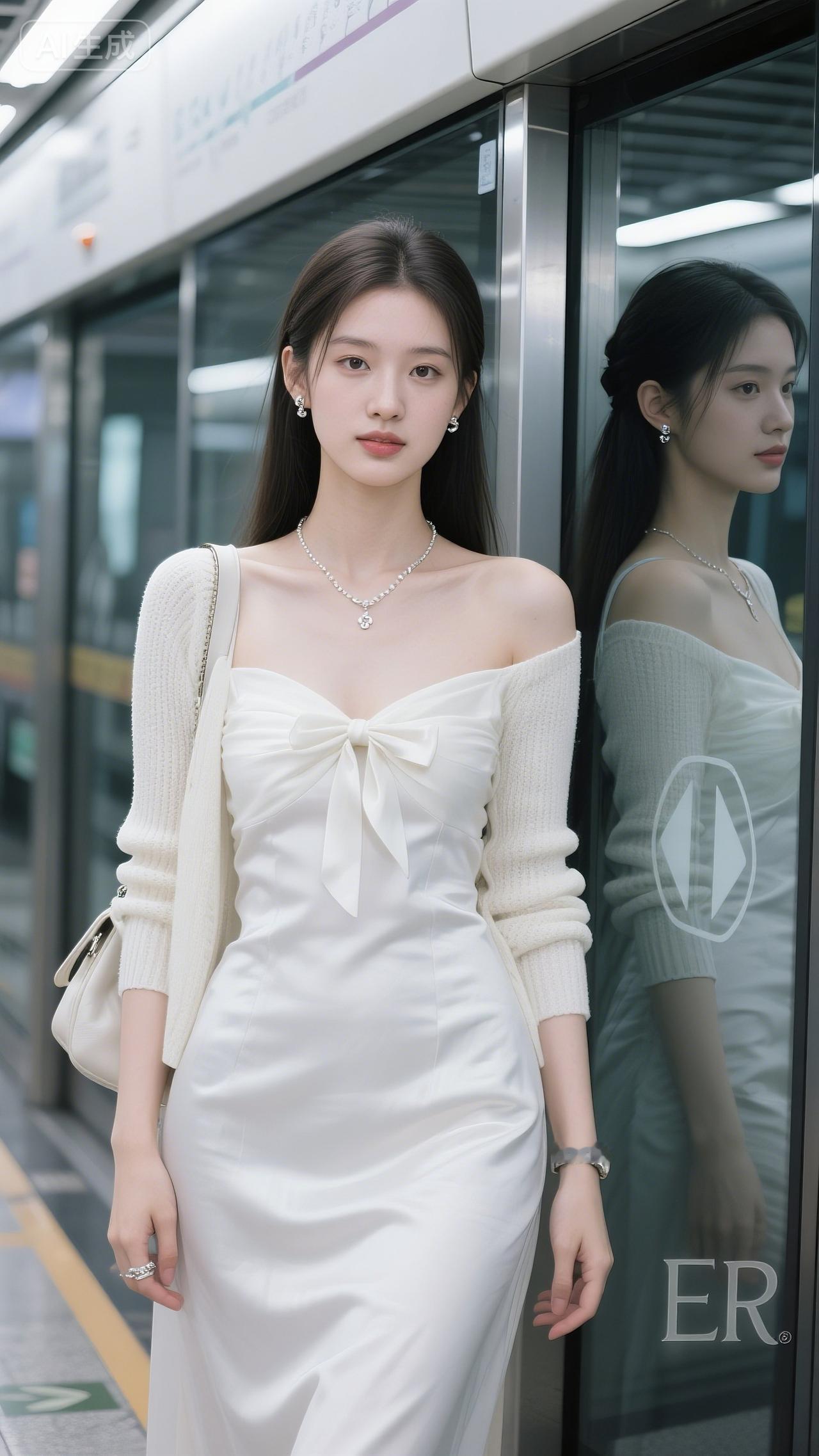 地铁窗映着柔光，白裙蝴蝶结裹着甜，针织衫轻搭肩头。她往站台一立，连通勤风都浸了温