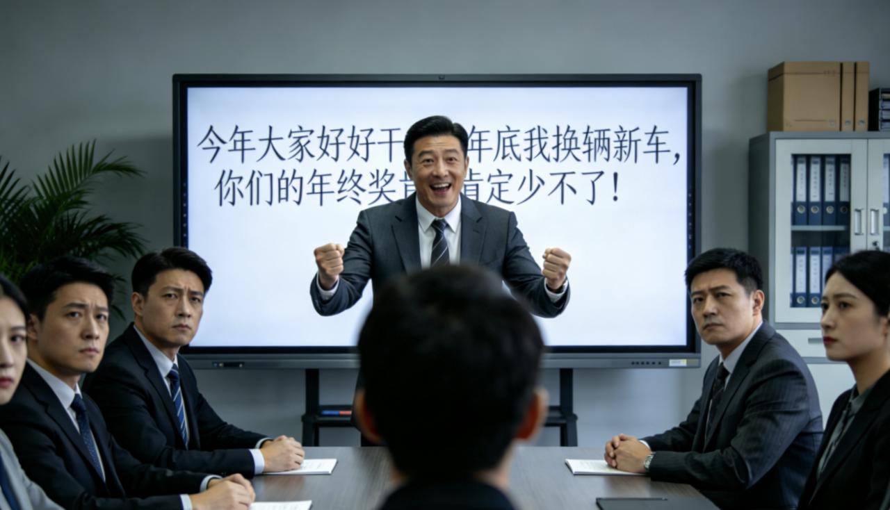 会议室里，老板正在画大饼：“今年大家好好干，年底我换辆新车，你们的年终奖肯定少不