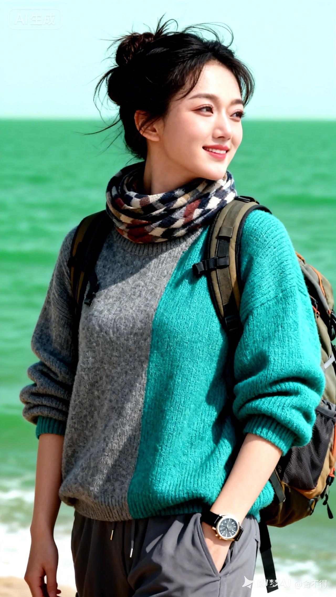 海边漫步，阳光下的少女与海浪相伴！