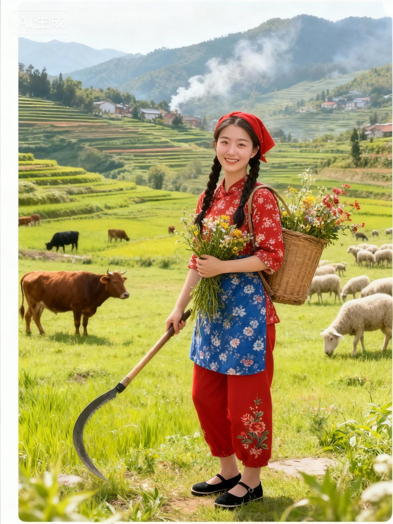 田园美女，手捧鲜花，笑靥如花，感受大自然的美好。