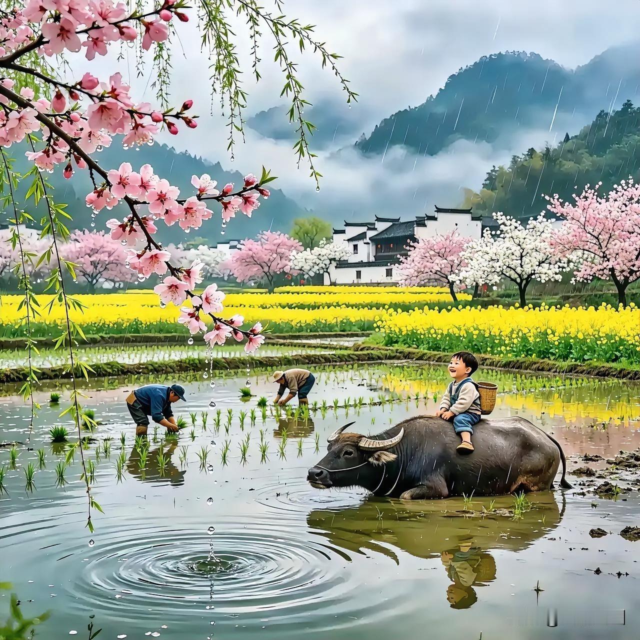田园风光美如画，牛背小孩乐陶陶。田间童趣照梯田小黄牛放牛童趣