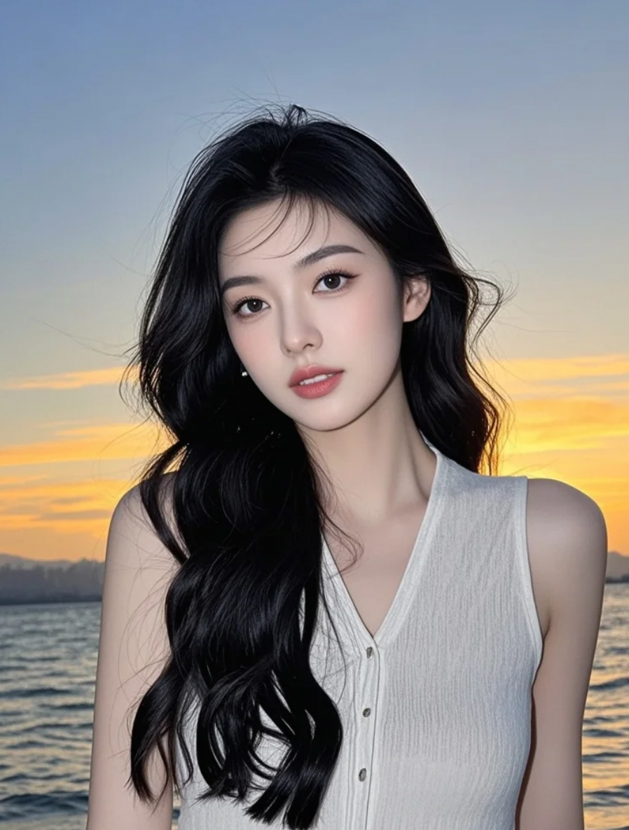 她站在海边，仿佛整个世界都为她静止