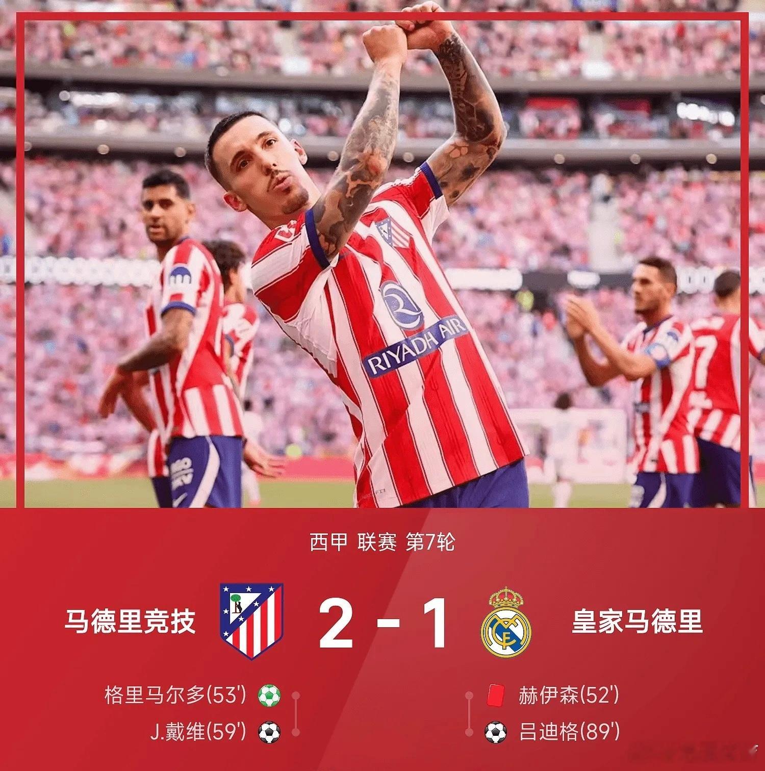 马竞2比1皇马北京时间9月20日，西甲第7轮马德里德比，马竞坐镇大都会球场2‑1