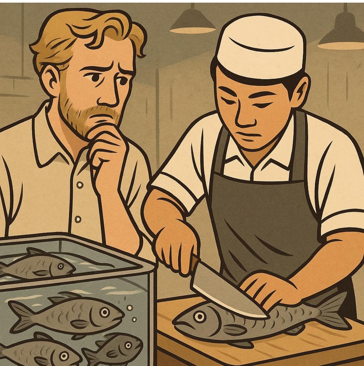 你或许从未留意过。餐桌上鲜美的鱼，它们从被捕捞到死亡，要承受长达20分钟的极致痛