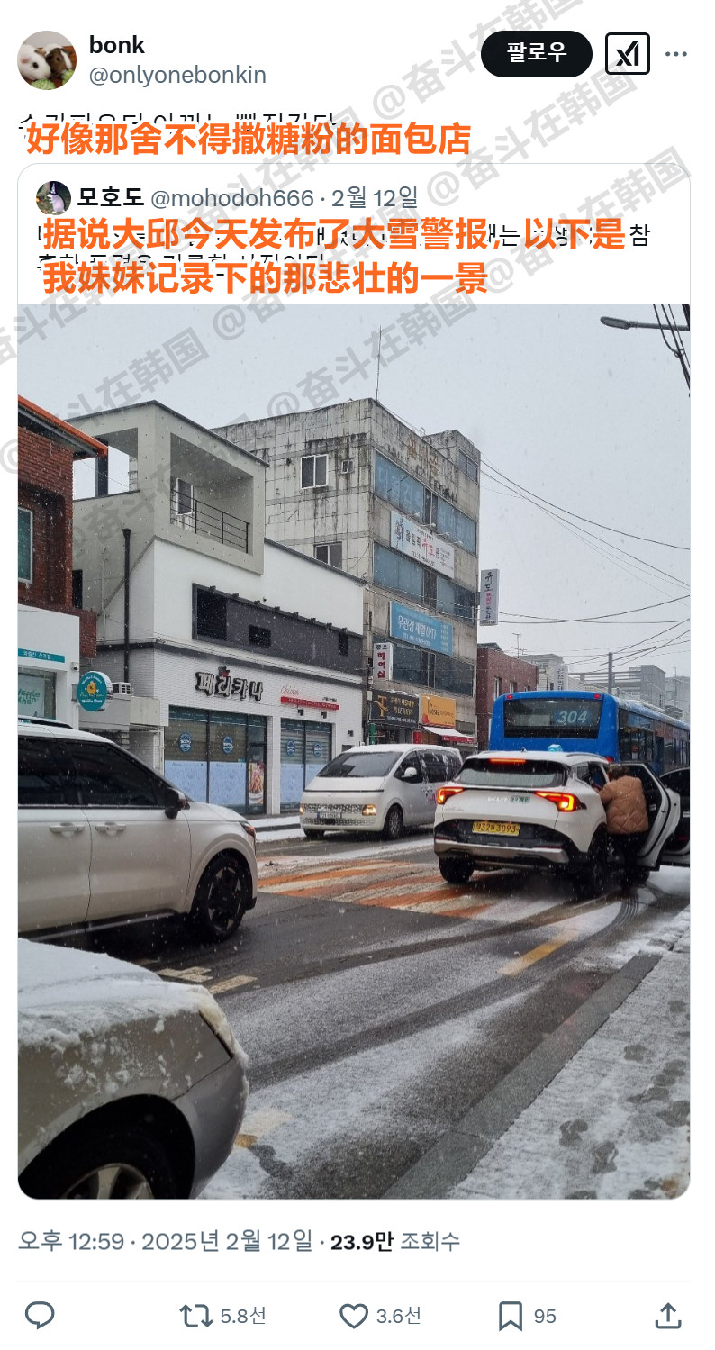 发出大雪警报的韩国大邱网友：好像那舍不得撒糖粉的面包店[笑着哭]