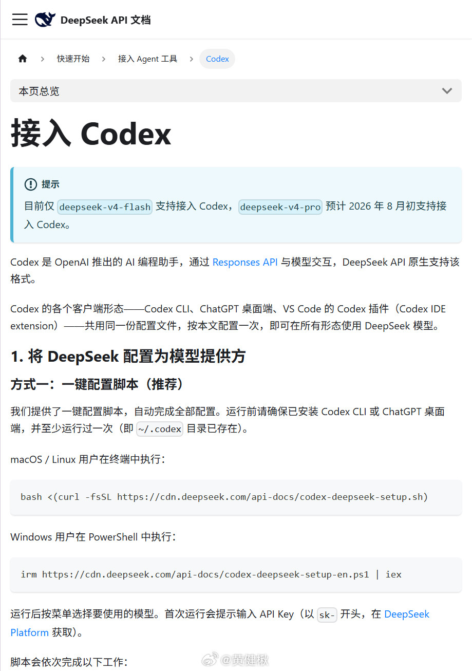 DeepSeek官方：怎么将DeepSeekV4接入Codex🔗api