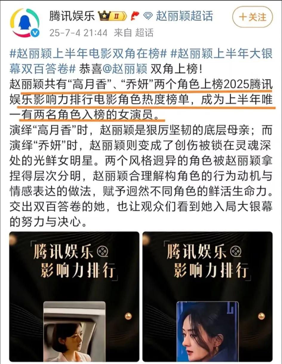 丽颖上半年的两个大银幕角色，都上榜了“电影热度榜单”，成为这半年唯一“双角”上榜