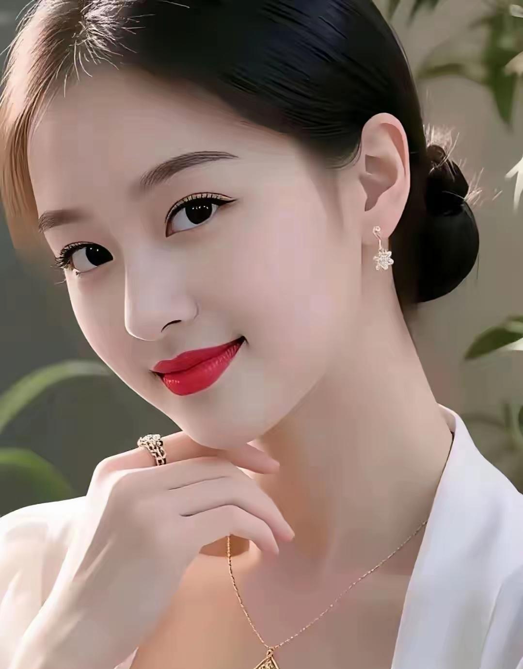 优雅红唇，精致耳饰，白衣飘飘，气质动人。