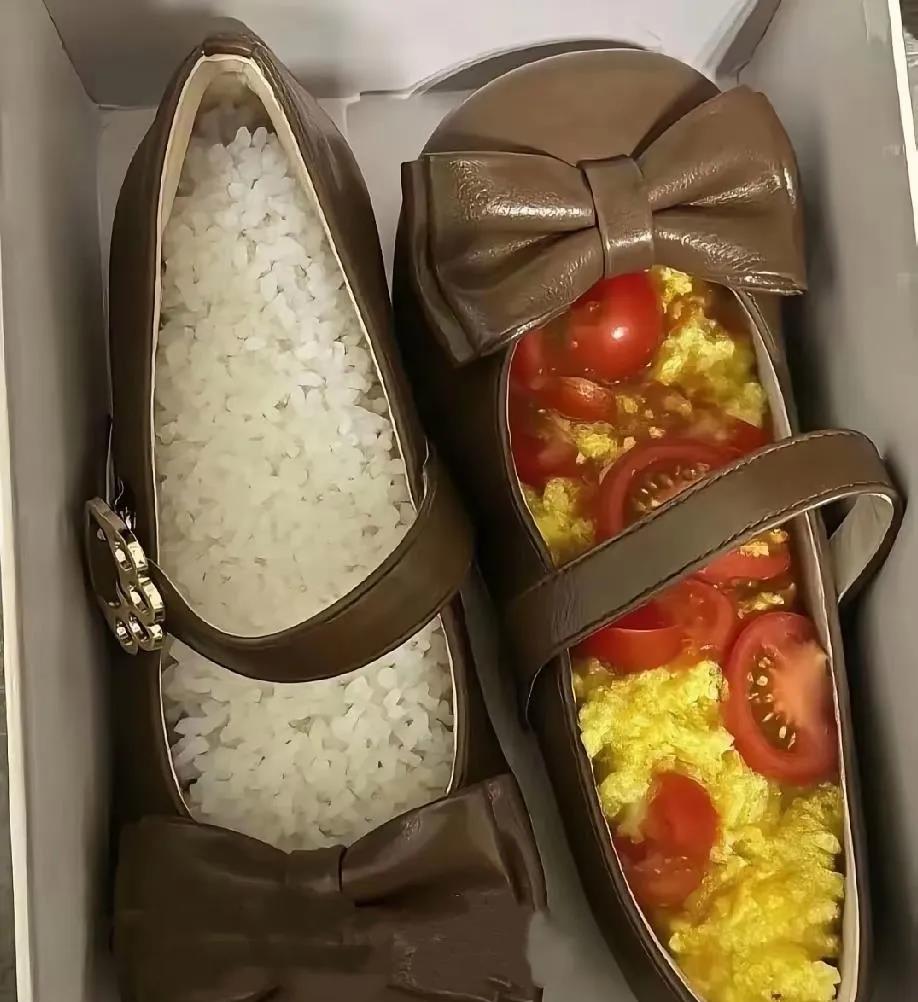 同事带饭掏出个“鞋盒”，一只鞋里装米饭，另一只塞番茄炒蛋！整个办公室人都