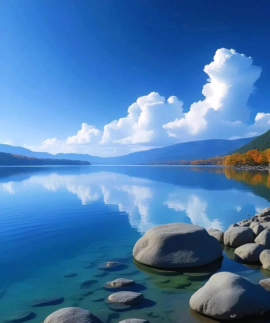 秋日的湖畔,真的如诗如画。湖水静谧得像一面镜子,将天空中的云影清晰倒映,让人仿若