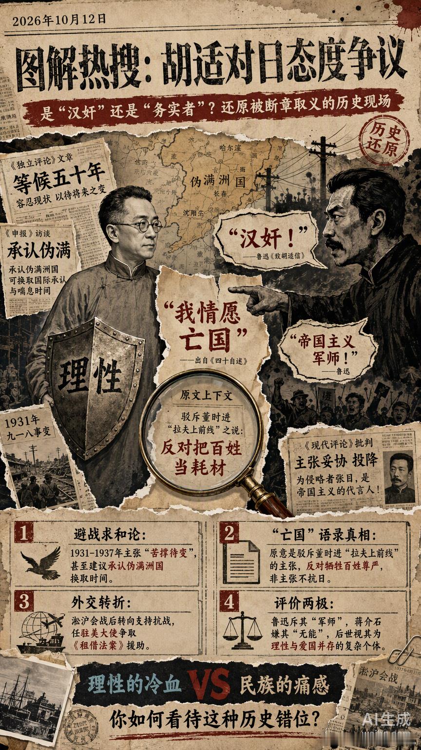 胡适那几句被骂了近百年的话，现在看依然让人后背发凉。“我情愿亡国，决不主张对日作