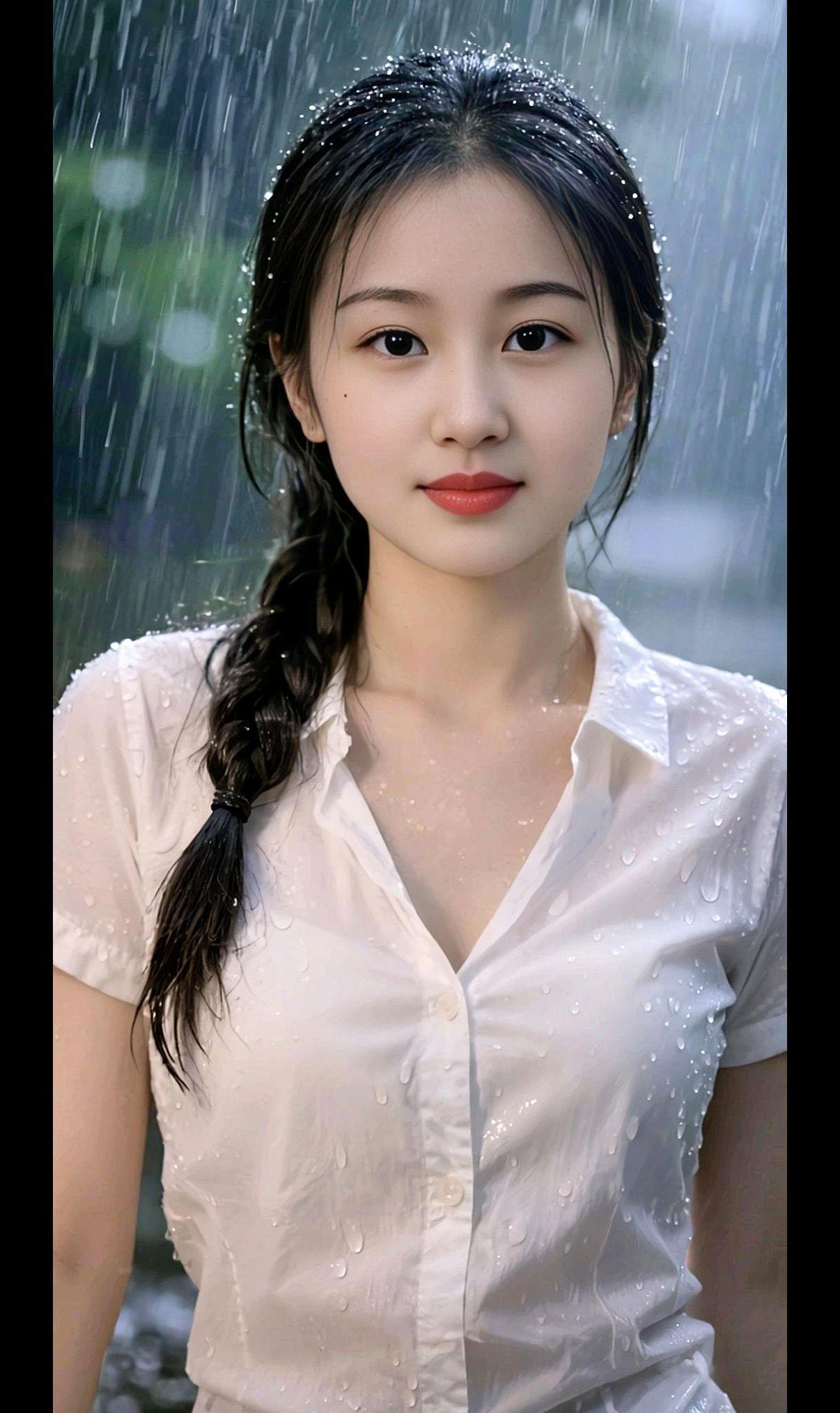AI雨景白衣照气质女神范甜系女孩简约时尚风个人写真照