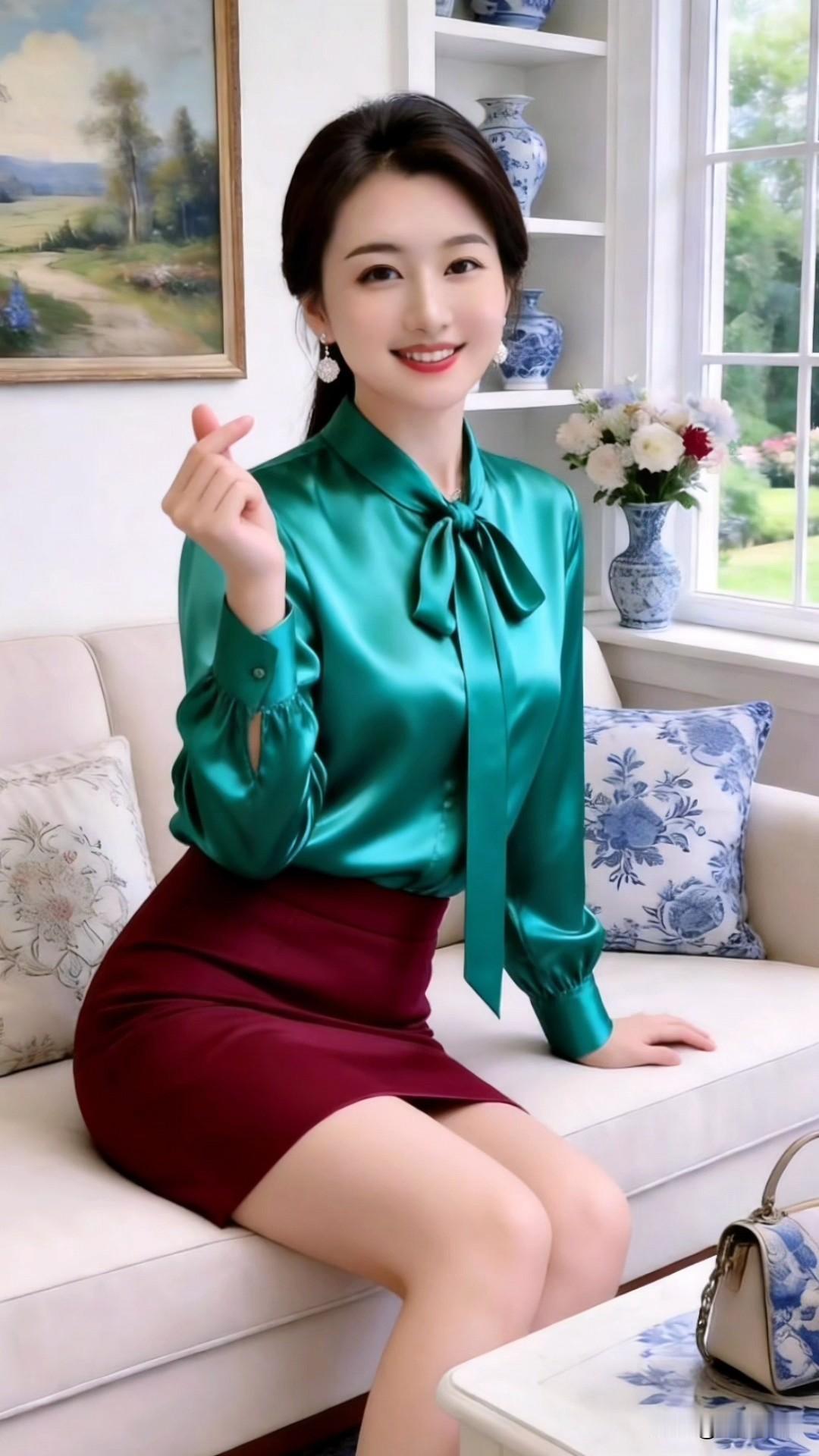 今天分享自带贵气感的通勤穿搭。柔光滤镜的湖绿缎面衬衫，蝴蝶结领结温柔又提气质，垂