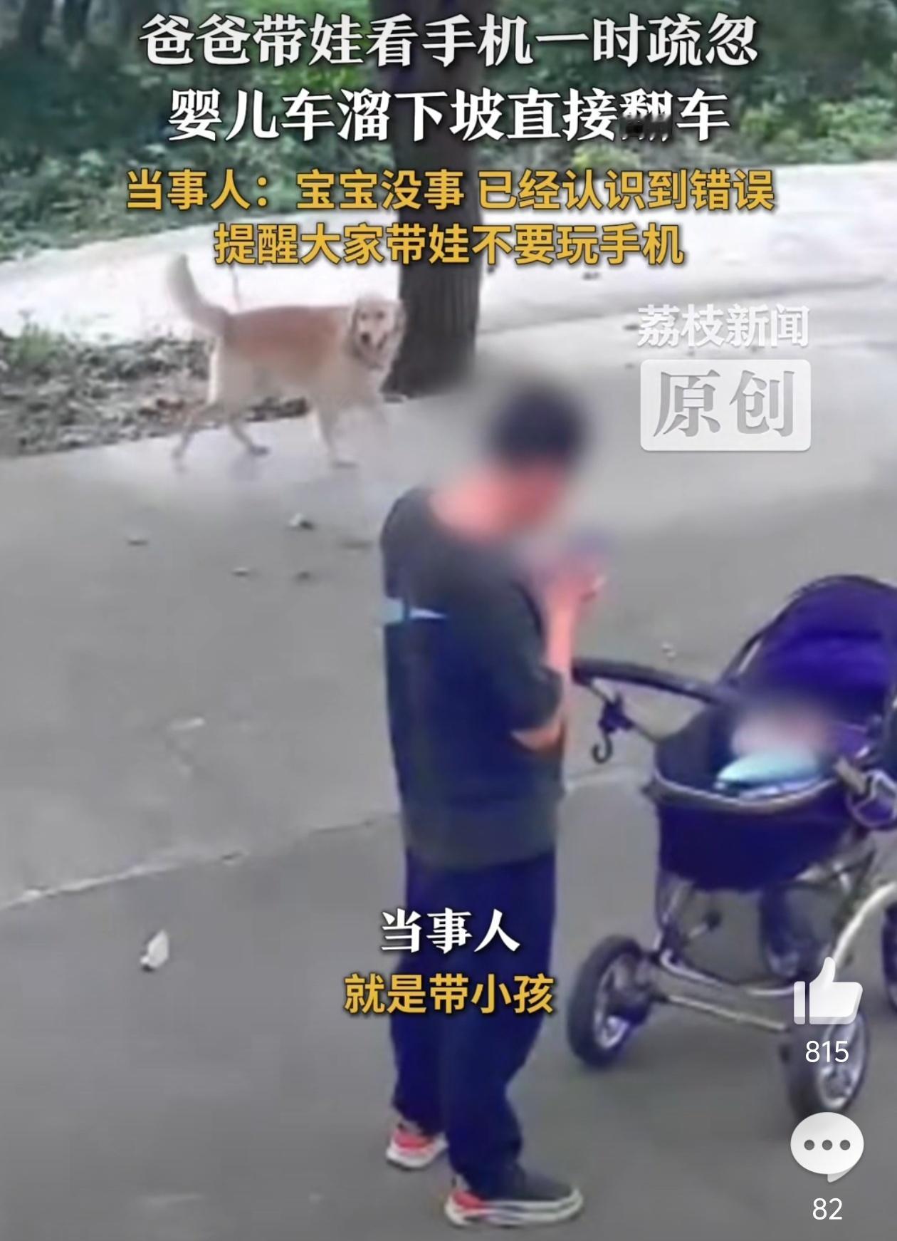 爸爸看手机婴儿车溜下坡翻车狗子比爹靠谱，不过这婴儿车不能自己停下，看来设计有缺陷
