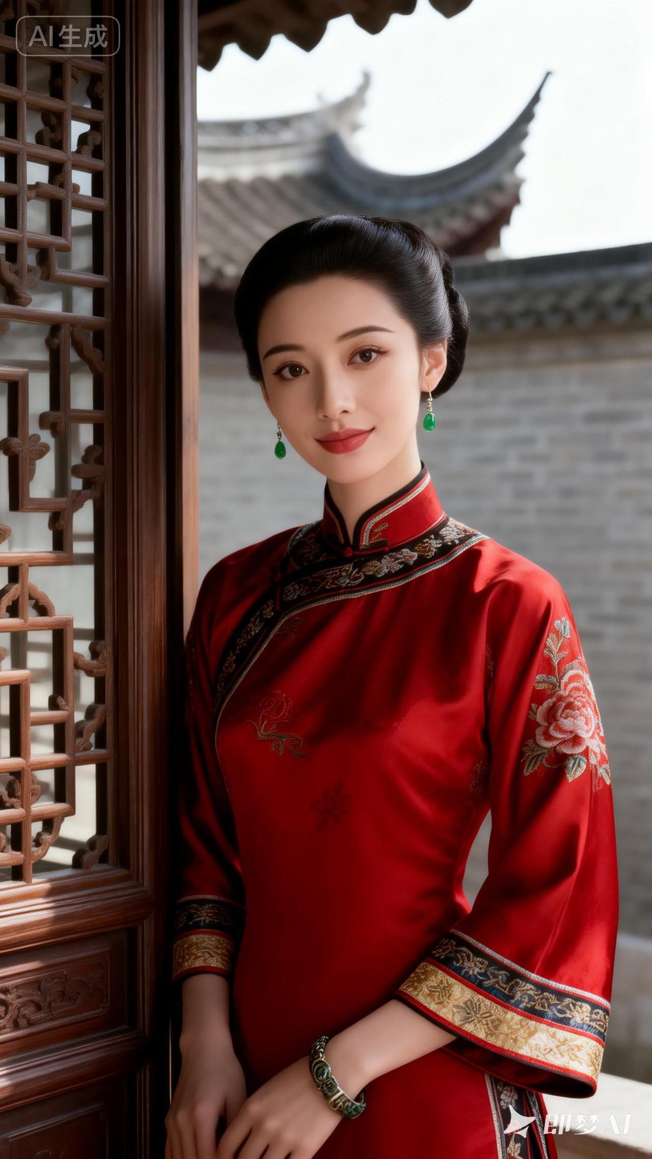 古典美人倚窗立，红衣翠玉映古韵。