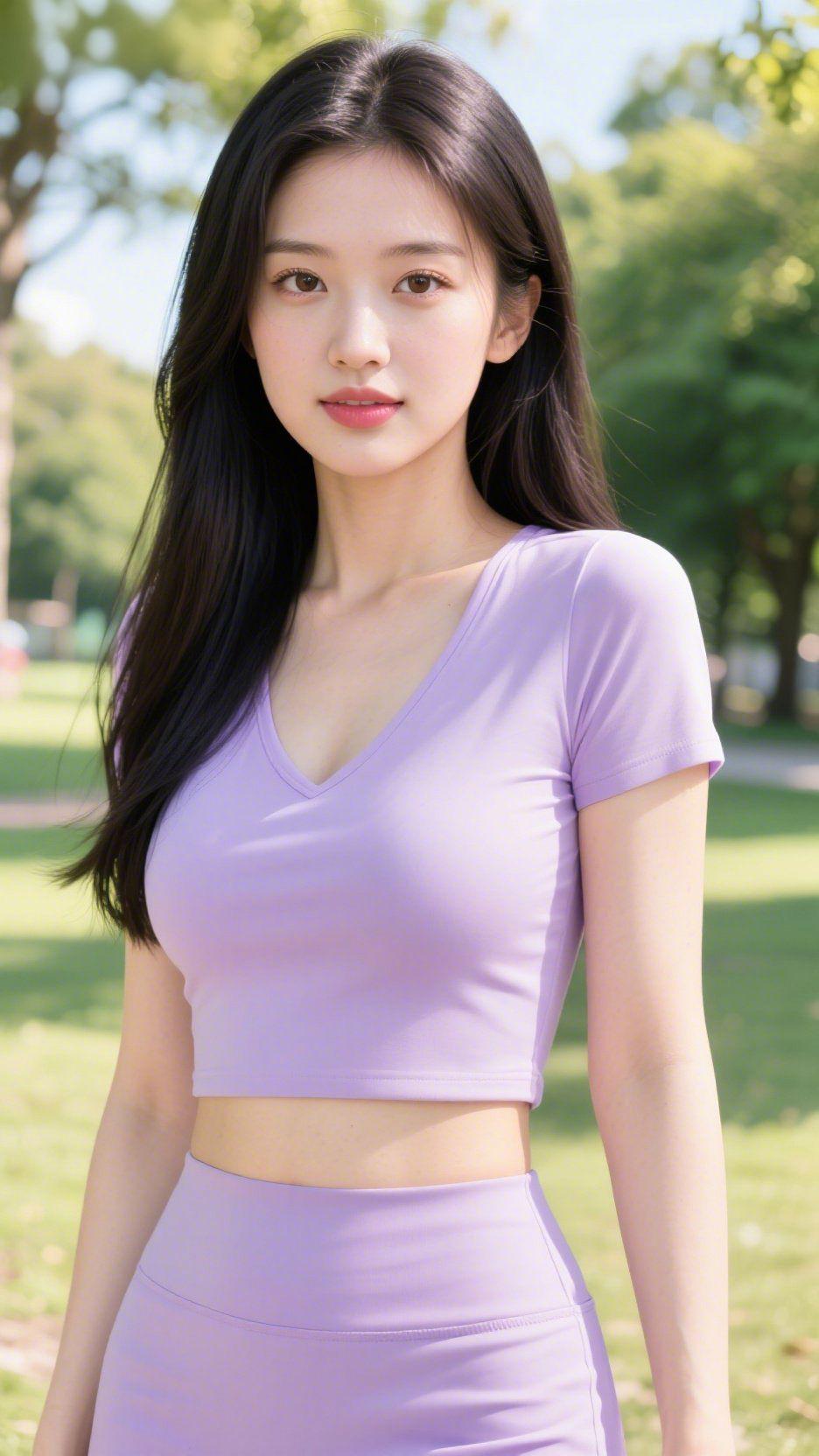 《紫衫里的夏意柔》草坪的绿意裹着那抹淡紫，像把夏晨的雾色揉进了衣装，贴在身