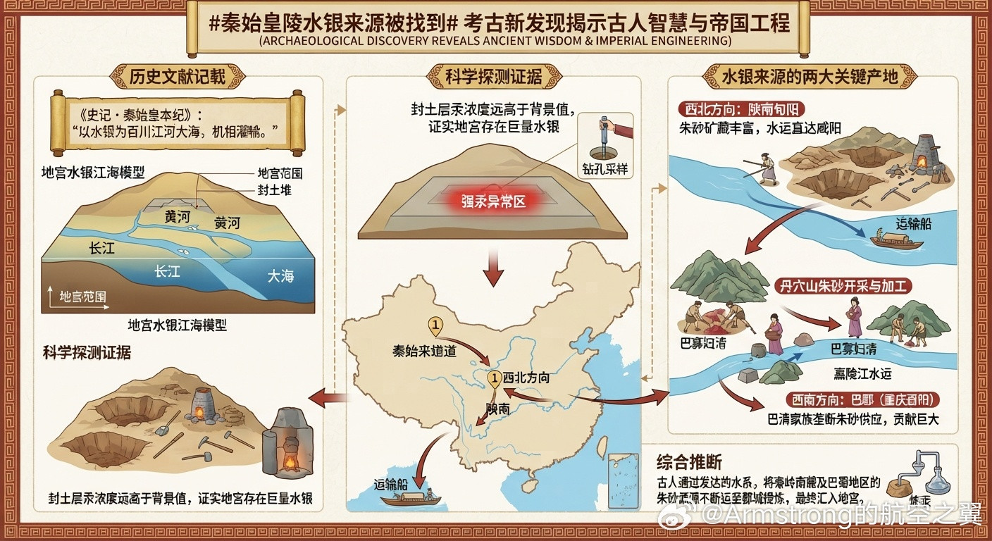 #秦始皇陵水银来源被找到#现代科技对秦始皇陵封土层进行过多次钻孔采样和精准测量，发现在陵墓封土中央区