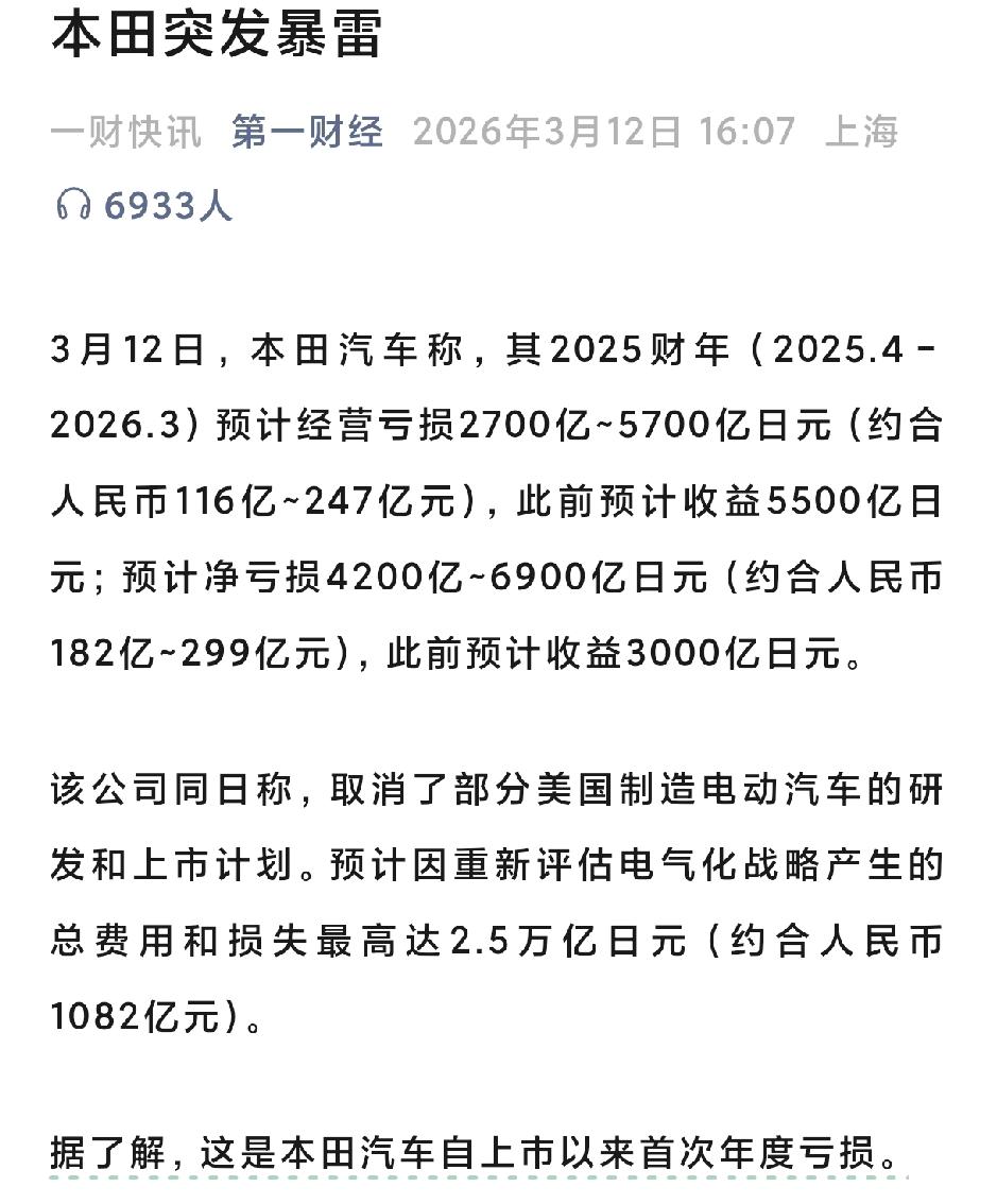 本田暴雷了，日系车两田的神话已经破灭了。本田为啥亏？技术跟不迭进，不更新换代