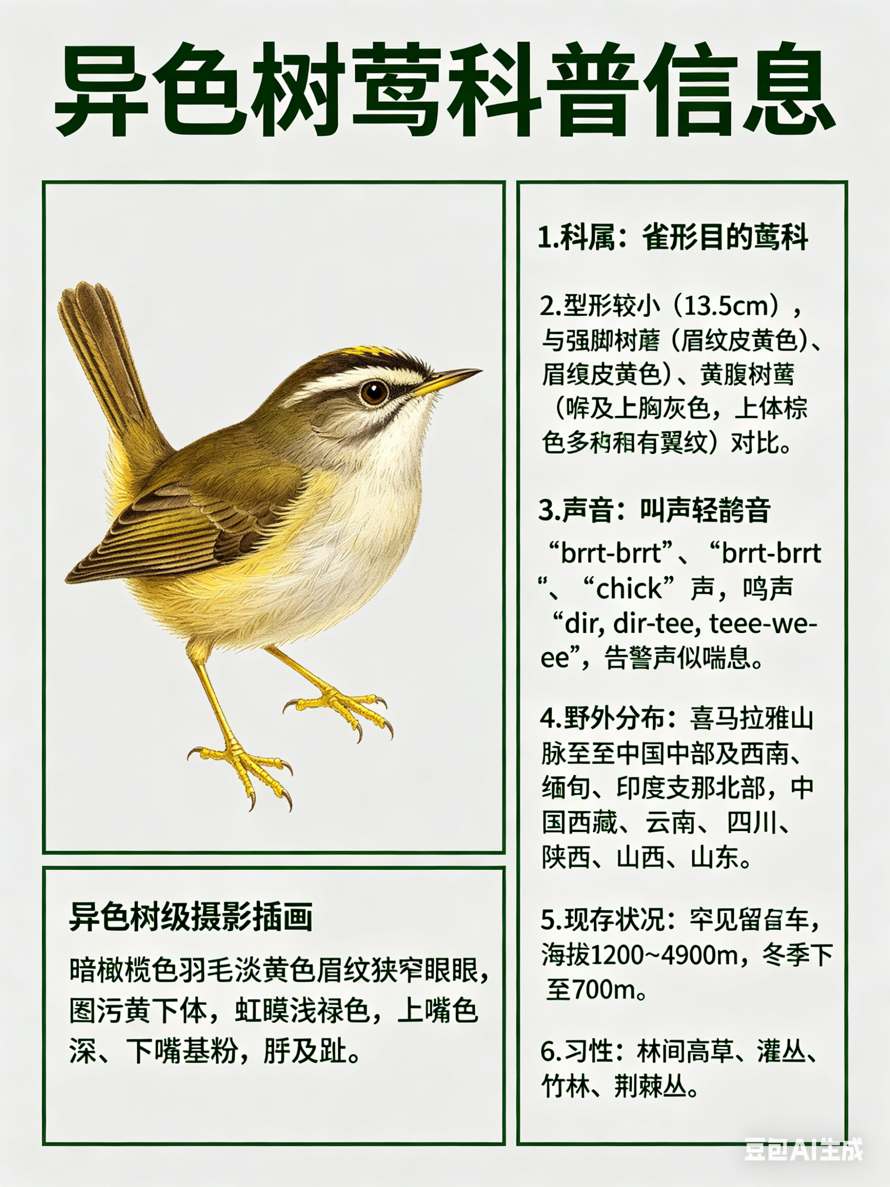 鸟类朋友图鉴异色树莺·科属：雀形目，莺科。·外形特征：体型较小（13.5cm）