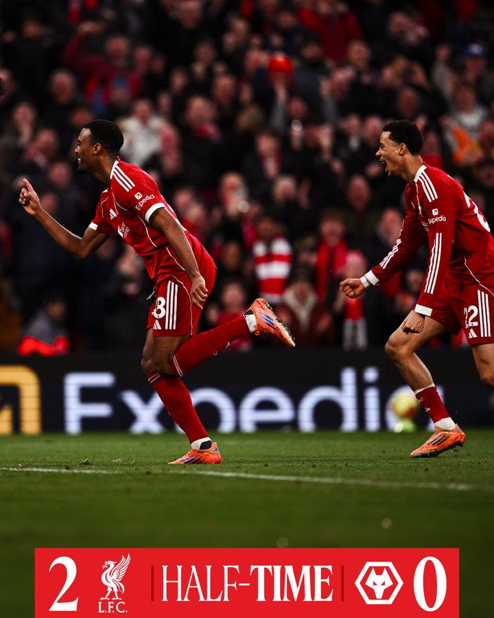 利物浦2-0狼队半场数据: 控球率76%-24%, 射门8-3
