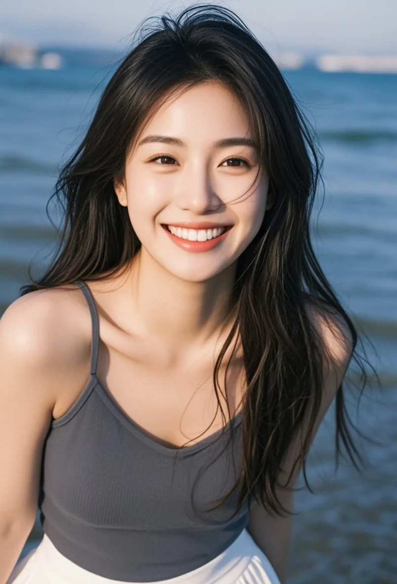 微笑中透出的气质，在海边更加迷人