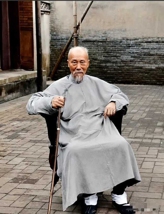 这是晚清重臣李鸿章晚年留影，身着灰色长袍、手拄拐杖，端坐于青砖庭院中。这张照片摄