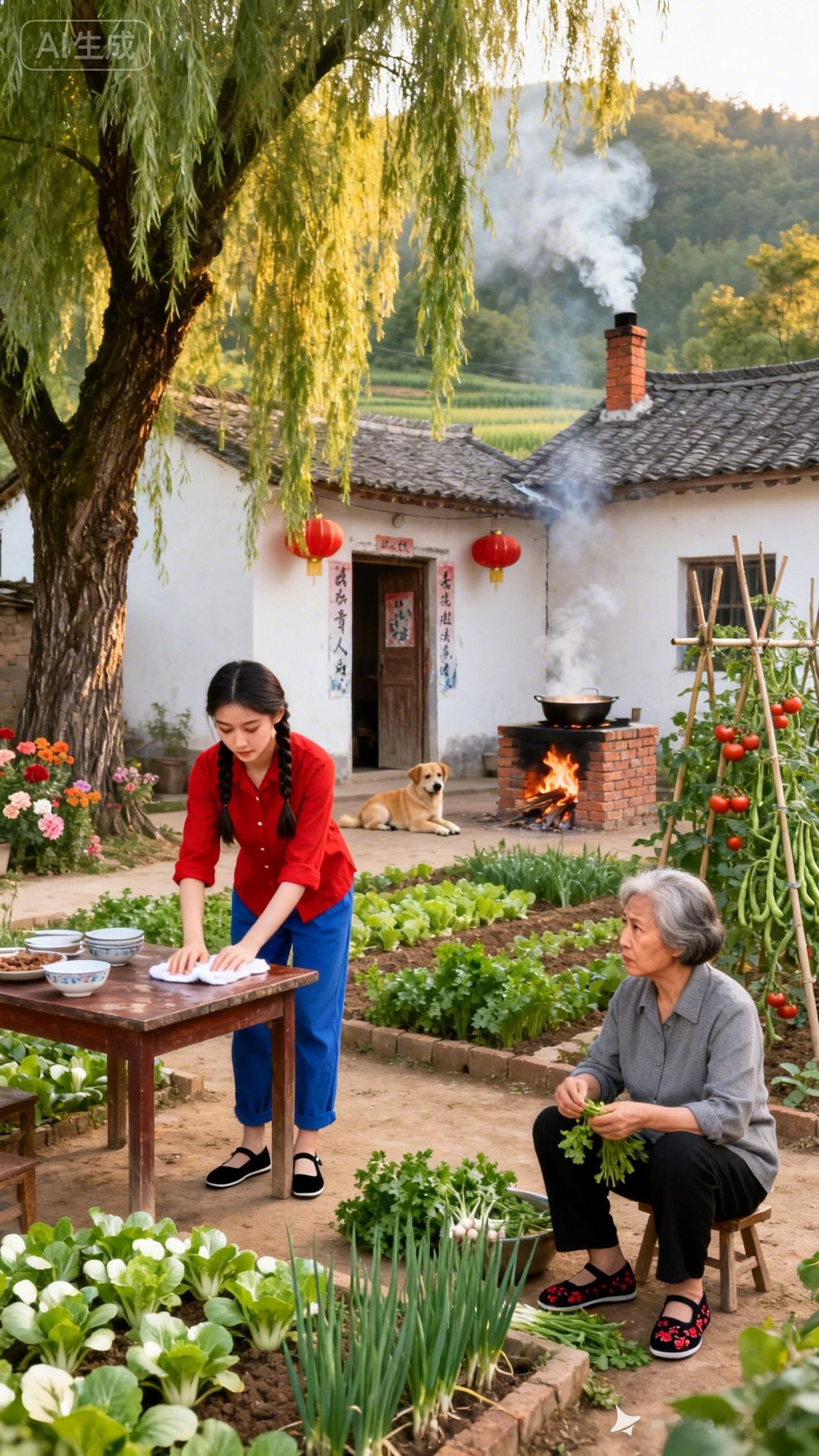 乡村生活的宁静与美好，祖孙俩的温馨时光。