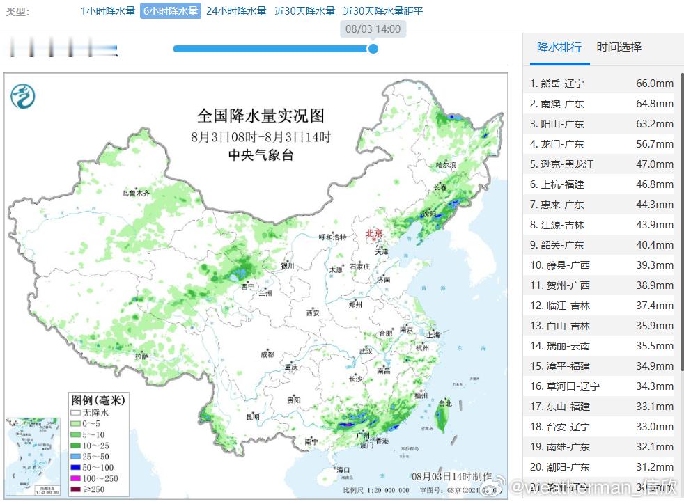 【强降雨和强对流】今天08-14时，东北以及华南、西北等地出现降水，并且辽宁福建