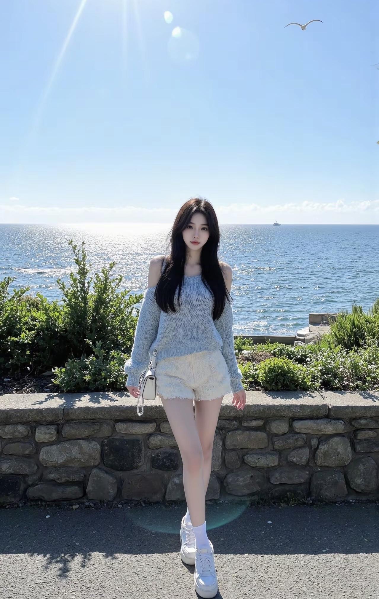 海风吹软了蓝天，阳光把针织衫晒出蓬松的温度。今天是海盐味的松弛感，连影子都跟着海