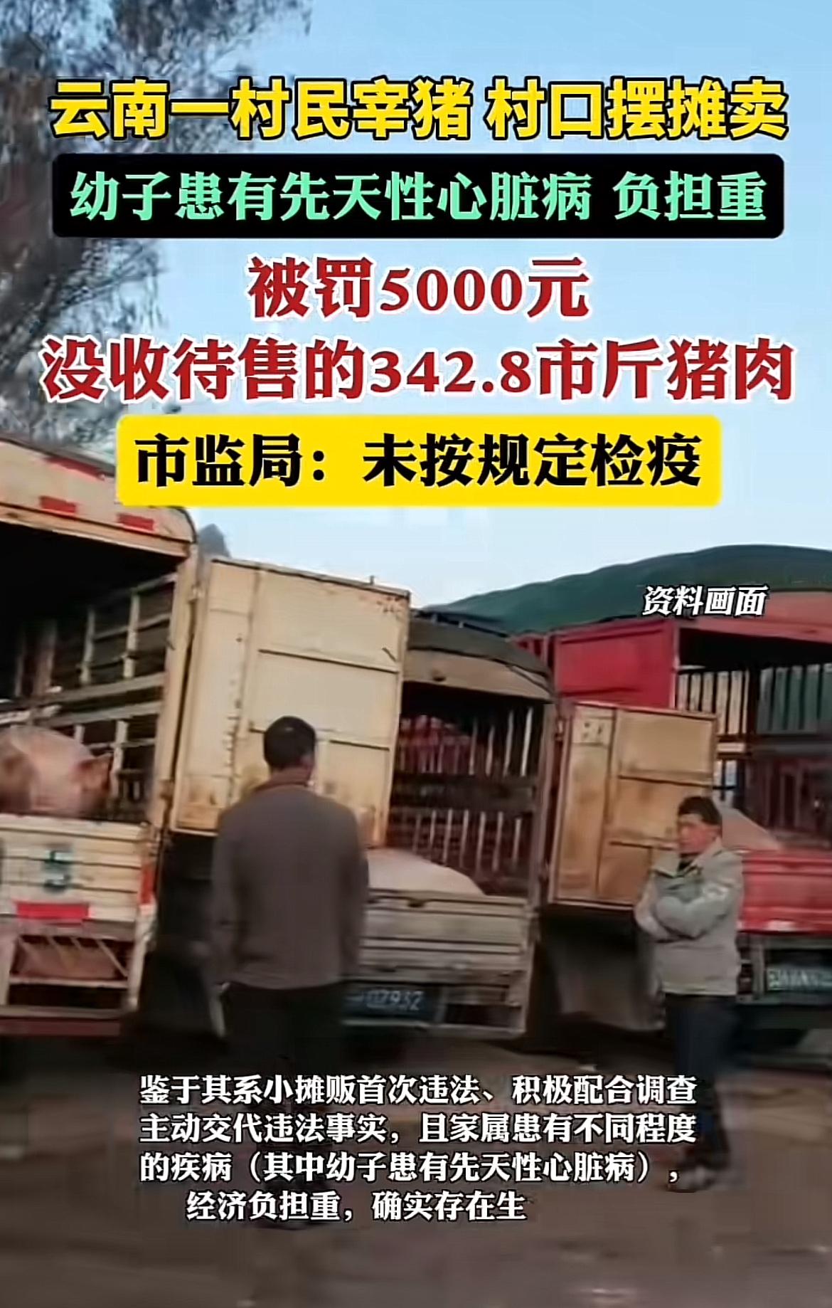 云南文山州砚山县村民杨某艳宰猪摆摊卖肉，被罚5000元这事太让人唏嘘。她家庭本就