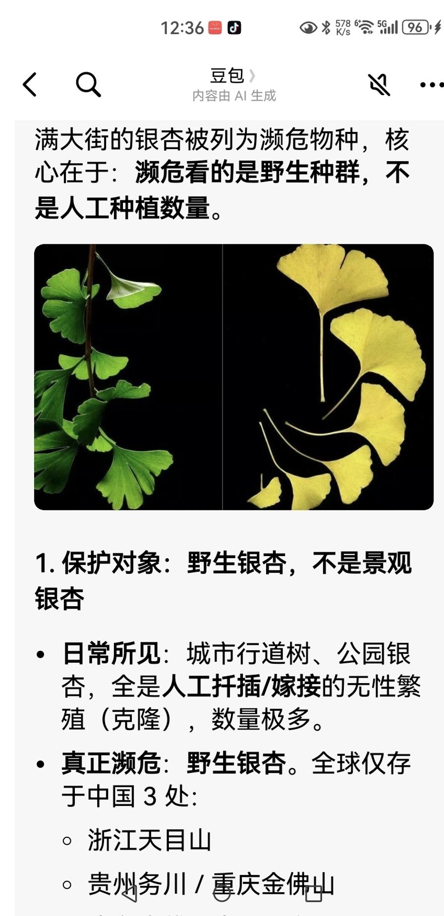 看到平台推荐，豆包说银杏树都烂大街了，为什么还是濒危植物？于是，在平台问了豆包