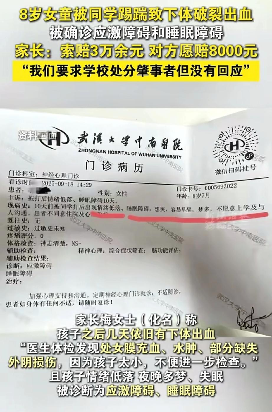 8岁女童被踹下体致流血女孩在校期间被一同学踹下体致流血，事情发生后学校、家长