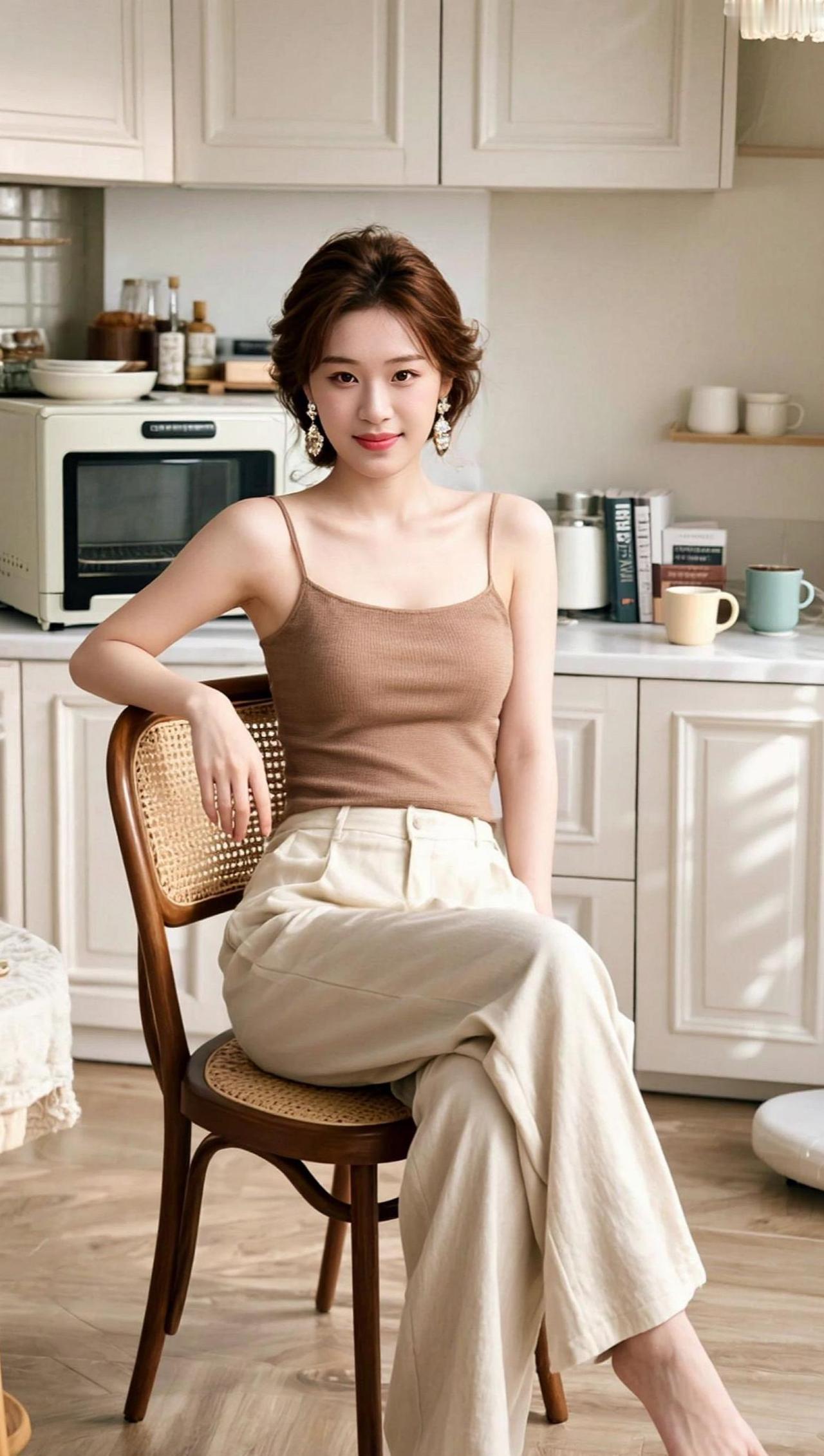 在厨房的角落，阳光透过窗户洒在木质地板上，温暖而柔和。她坐在那里，手捧一杯热茶，