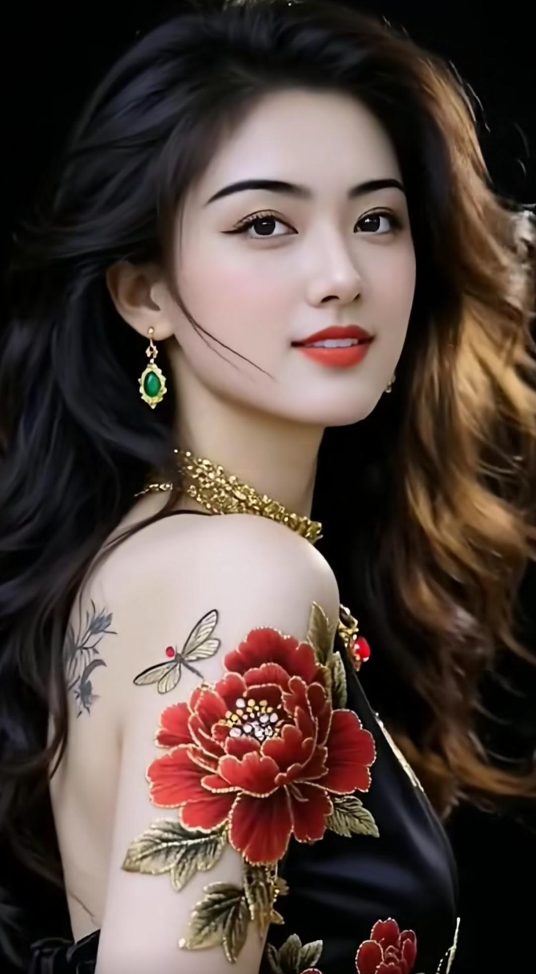 优雅东方美人，黑发红唇，精致耳环，传统刺绣纹身，韵味十足。高清美女美女人像群