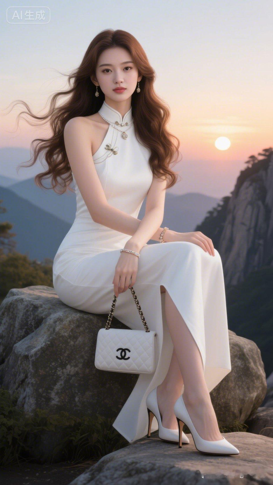优雅白裙，山间仙子，落日余晖，时尚与自然的完美融合。