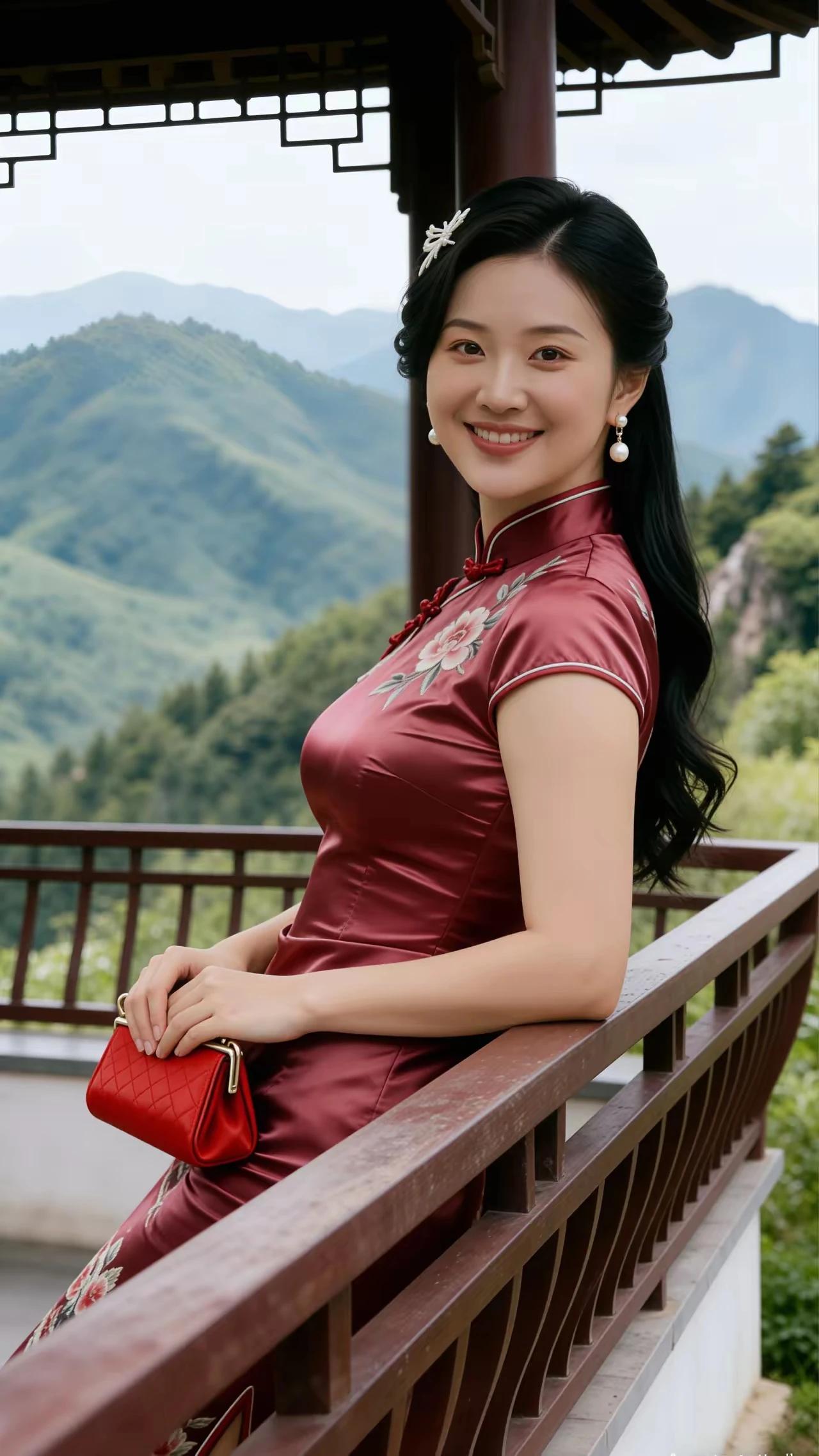 回眸一笑百媚生，恰似春风拂柳轻。旗袍雅致韵味浓，紫色牡丹沾风情。