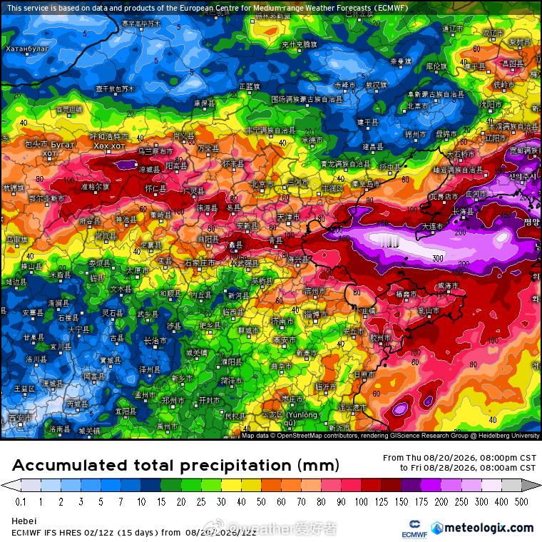 【下周华北地区或有较强降雨】目前的形势场看，下周中后期，副高北侧的西风带内有高空