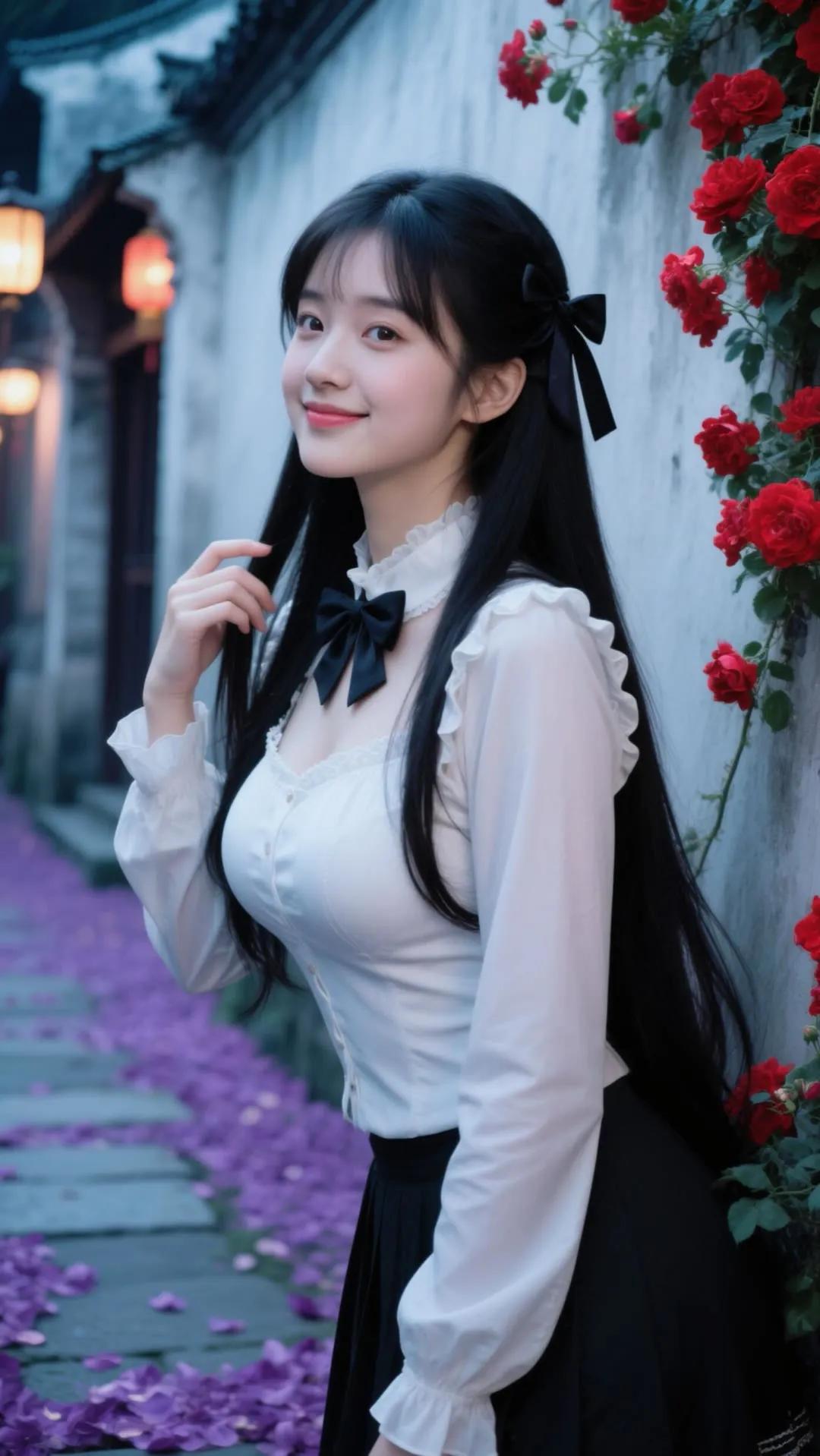少女在古风巷道中，红玫瑰与紫花瓣相映成趣，甜美微笑，宛如画中人。