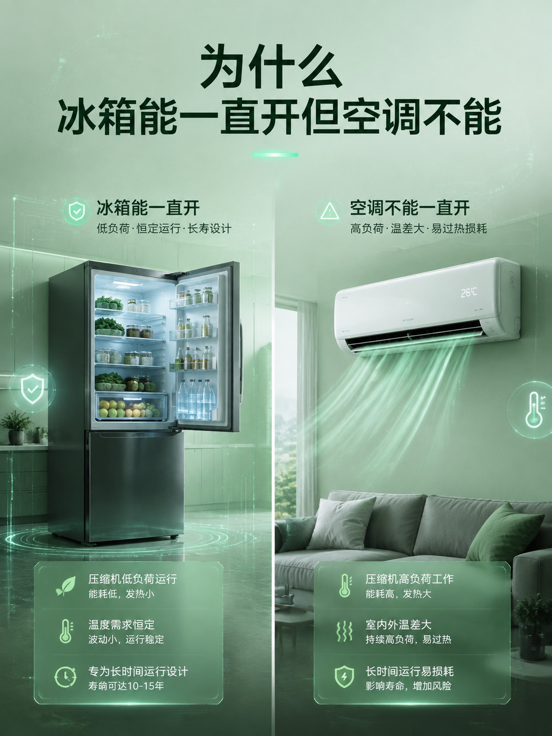 为什么冰箱能一直开但空调不能很多人都有这个疑问，冰箱一年365天不停工作，空调