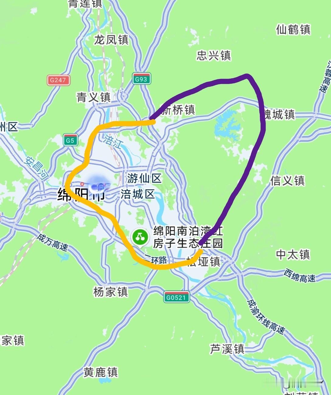 绵阳的二环路只有把东边在游仙区的环圆起来，才能是真正的二环路，这个二环路要把仙海