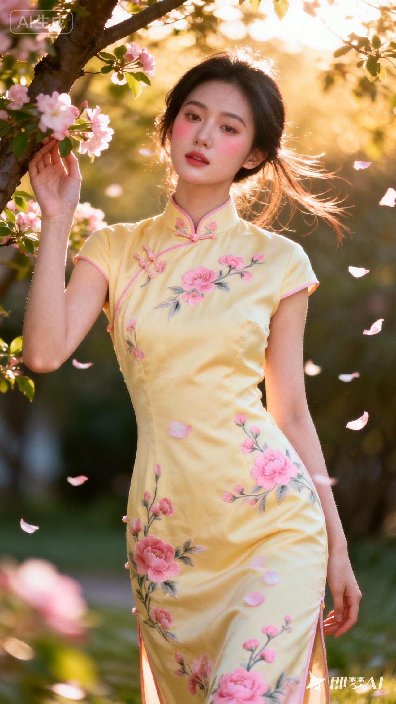 春日花海中的旗袍美人，粉嫩花瓣飘落，如梦如幻。
