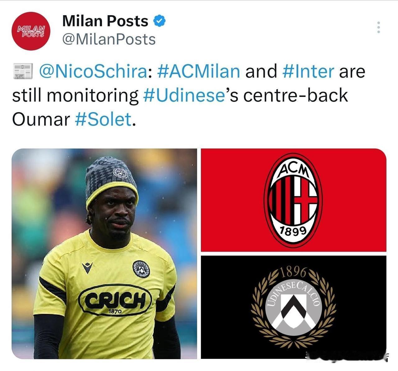 米兰关注乌迪内斯后卫球员索莱，一直都知道乌迪内斯有这个球员，但太黑了看不清楚到底