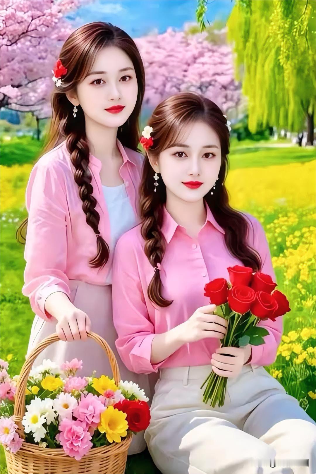 春日花海姐妹情春日繁花耀碧空，野餐幽径意无穷。姐妹欢歌随风漾，情若繁花映