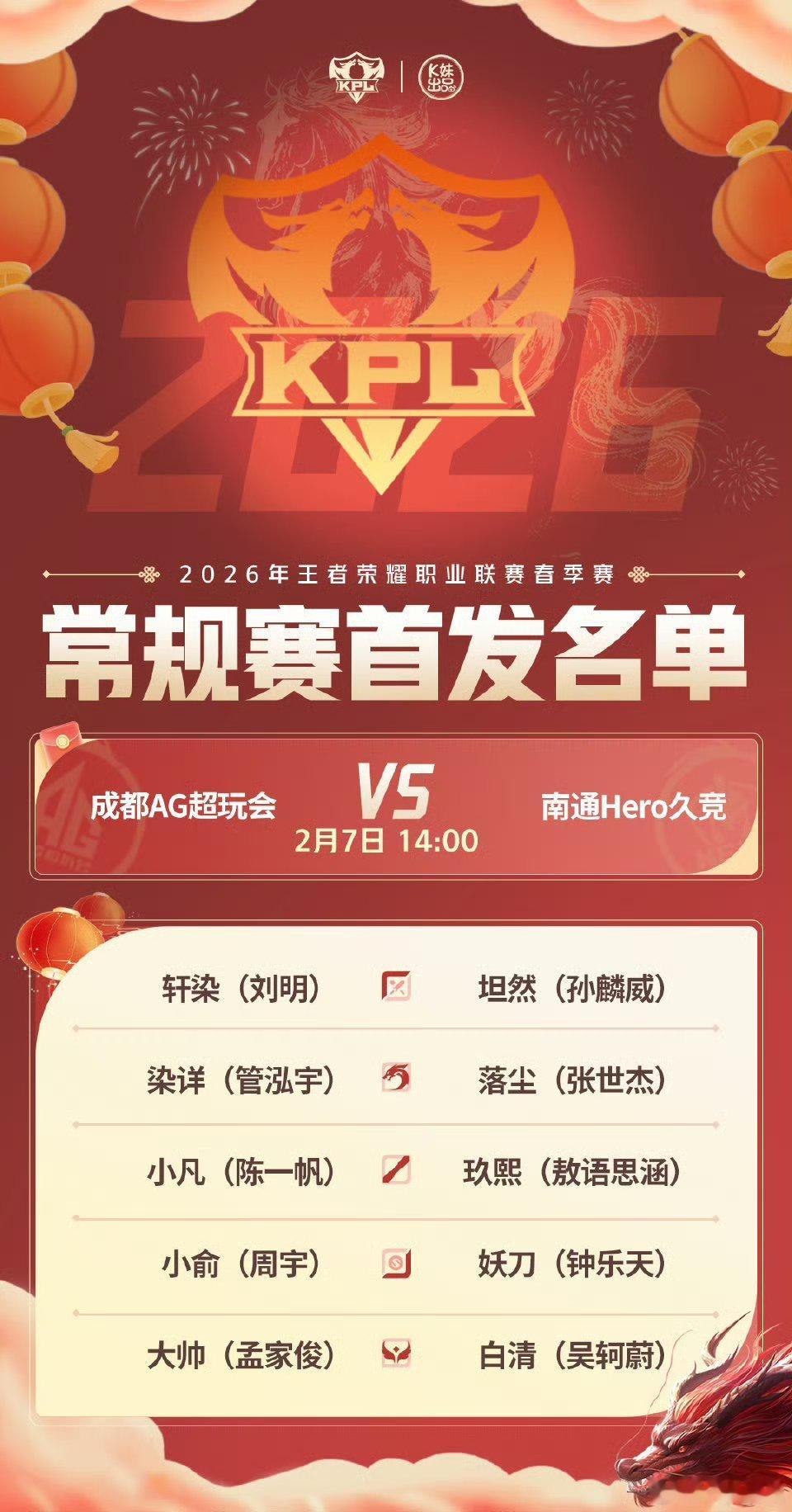 2026KPL春季赛今日首发名单