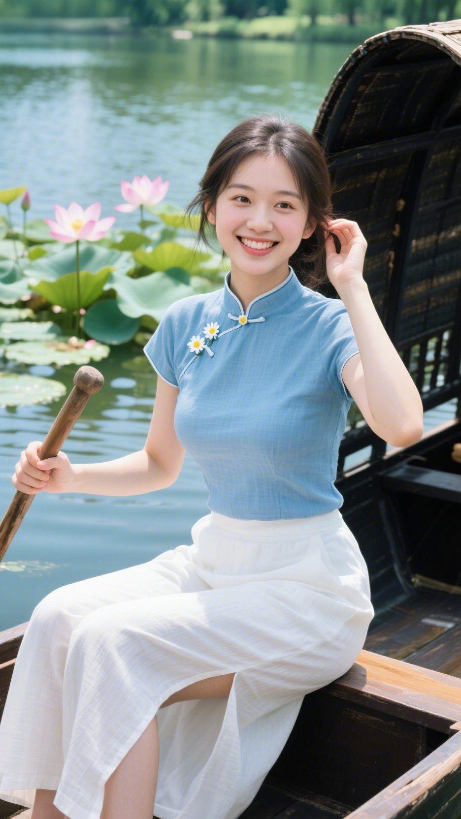 荷舟静荷风裹着湖面的凉意，她衣间的浅蓝揉着水汽的温软，襟畔的花饰衬着笑意的