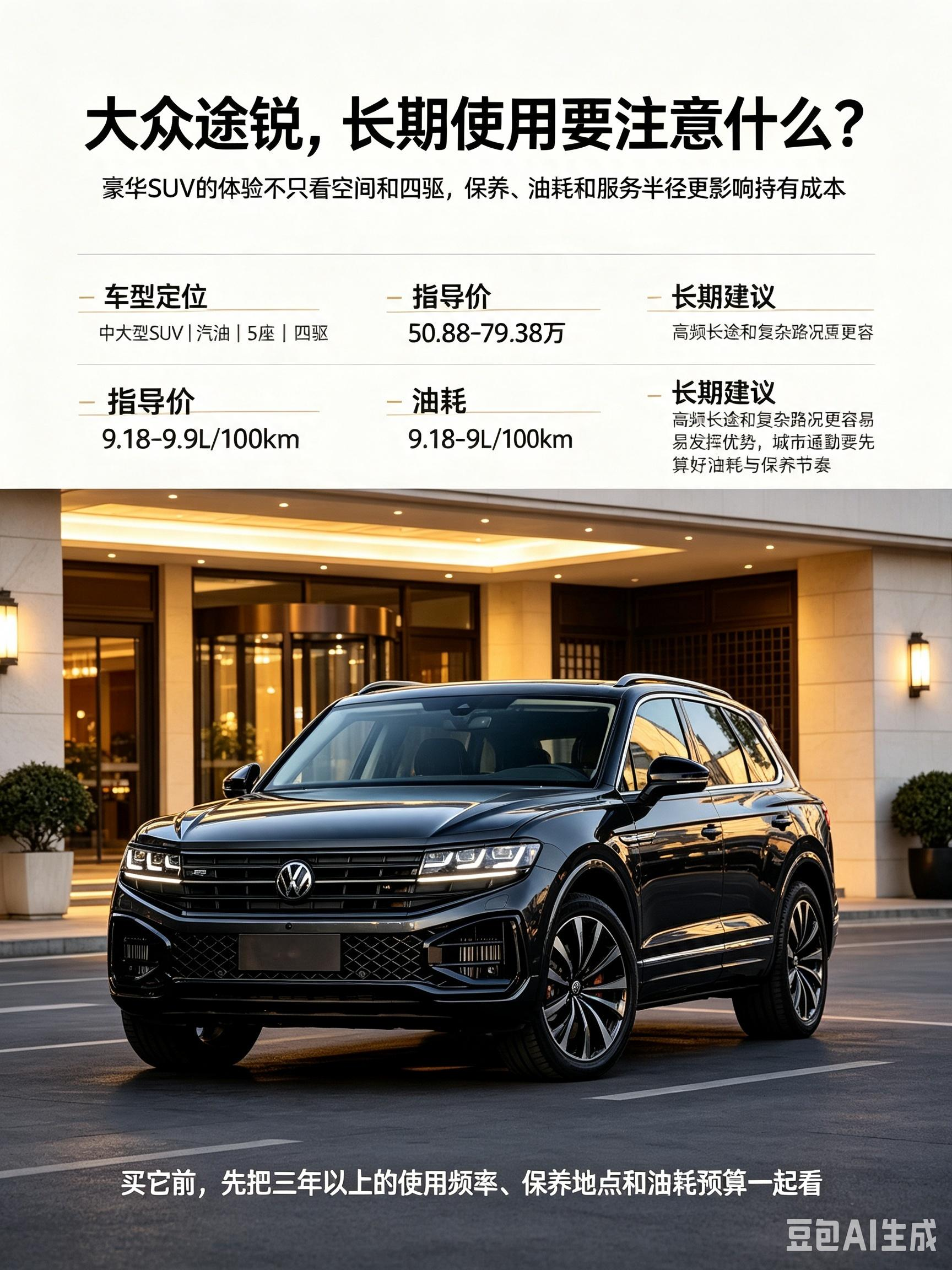 大众途锐属于低调的中大型豪华越野车，有2.0T和3.0T版本，而且标配四驱，底盘质感没得说，高速和烂