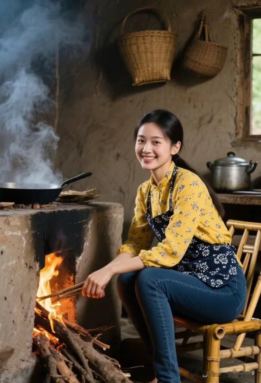 家有贤妻少怨烦，灶膛添火饭香传。清欢岁月身心暖，烟火人间岁月安。残灶佳人